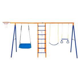 Swing Sets for Backyard, 6 in 1 Swing Set with 2 Swings, Trapeze Bar, Climbing Ladder, Climbing Net, and Basketball Hoop