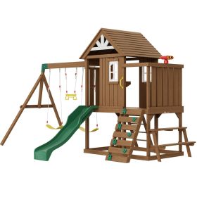 Wooden Swing Set, 9 IN 1 Outdoor Playground Sets for Backyards, 2 Swings, Trapeze Bar, 6 FT Slide, Large Upper Fort with Kitchen Toys