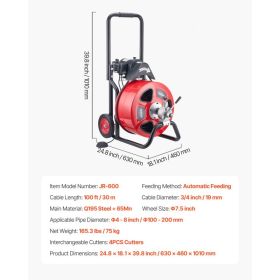 Drain Cleaner Machine 100 FT X 3/4 Inch, Auto Feed Sewer Snake Auger On Wheels, Portable Drain Cleaning Machine With 4 Cutters & Air-activated Fo (Option: Black)