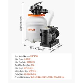 12 In Sand Filter Pump For Above Ground Pool, 0.33 HP 3000 GPH, Swimming Pool Sand Filter Pump With Pre-Assembled Core & Leak-Resistant Design, 6 (Option: Black)